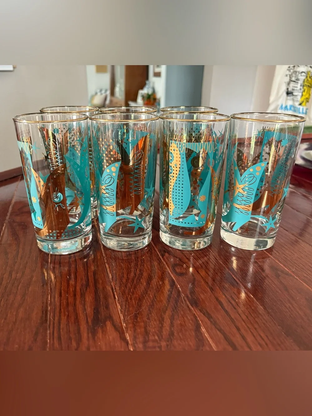 Vintage Mid Century Turquoise and Gold Glasses